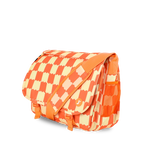 A shoulder bag with a vibrant orange and cream checkerboard pattern, featuring a wide orange shoulder strap and a side mesh pocket, shown on a plain white background.