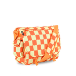 A messenger bag featuring a vibrant orange and cream checkered pattern, with a matching orange shoulder strap and a small black brand tag on the front.
