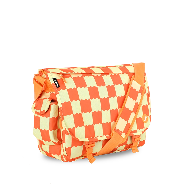 A messenger bag featuring a vibrant orange and cream checkered pattern, with a matching orange shoulder strap and a small black brand tag on the front.