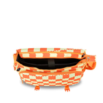 An open fanny pack with a vibrant orange and cream checkerboard pattern, shown against a plain white background.