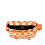 An open fanny pack with a vibrant orange and cream checkerboard pattern, shown against a plain white background.