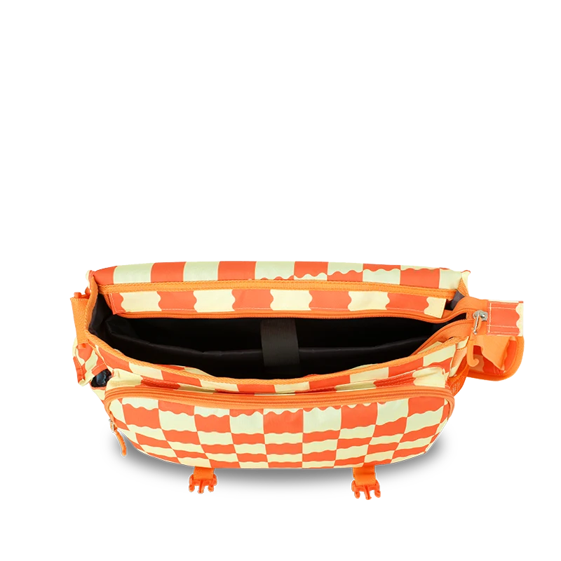 An open fanny pack with a vibrant orange and cream checkerboard pattern, shown against a plain white background.