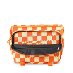 A rectangular utility bag with an orange and cream wavy checkered pattern, featuring an open front zippered pocket and orange webbing straps, shown on a plain white background.