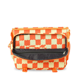 A rectangular utility bag with an orange and cream wavy checkered pattern, featuring an open front zippered pocket and orange webbing straps, shown on a plain white background.