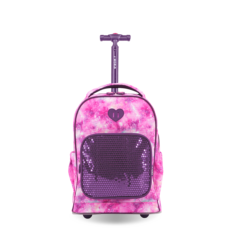 Sparkle 15 Inch Kids Rolling Backpack / Carry On in Purple Galaxy