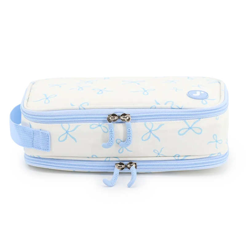 Doodle Pencil Case with Handle Strap in Blue Bows - JWorldstore