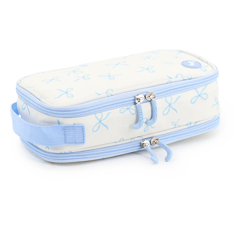 Doodle Pencil Case with Handle Strap in Blue Bows - JWorldstore