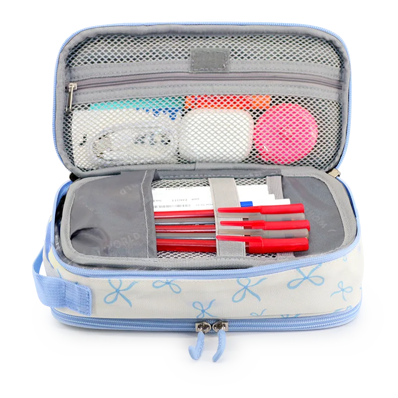 Doodle Pencil Case with Handle Strap in Blue Bows - JWorldstore