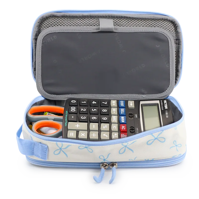 Doodle Pencil Case with Handle Strap in Blue Bows - JWorldstore
