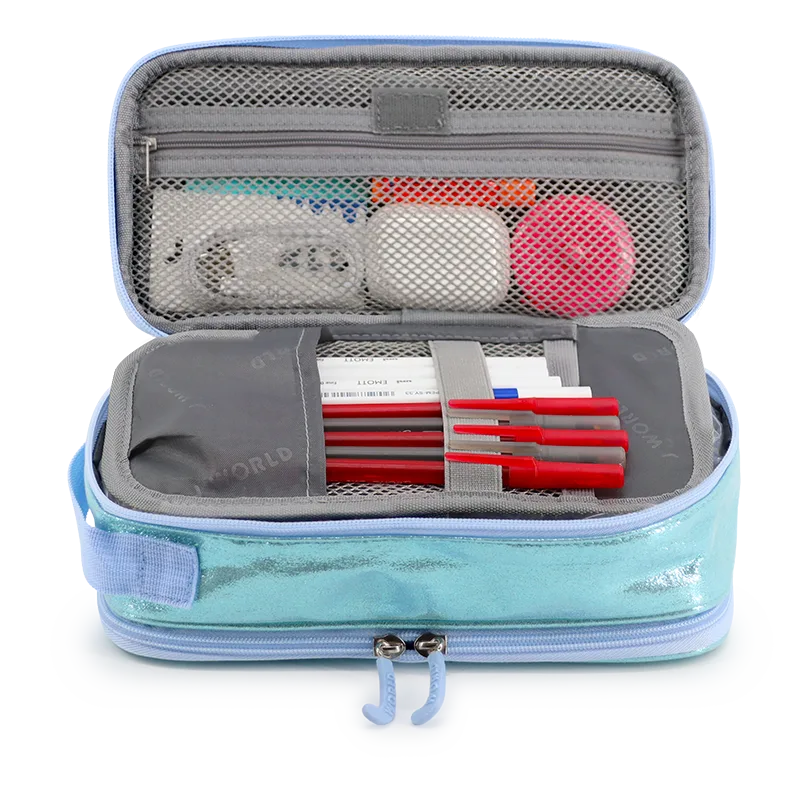 Doodle Pencil Case with Handle Strap in Metallic Teal - JWorldstore