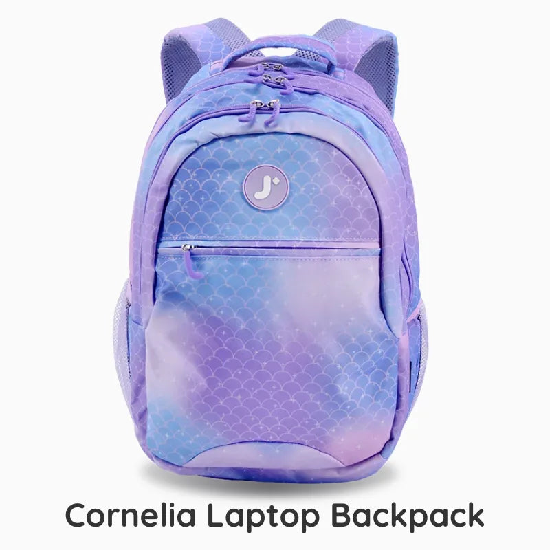 A purple and blue gradient laptop backpack with a mermaid scale pattern, featuring a circular logo patch on the front pocket. The text 'Cornelia Laptop Backpack' is written below the product on a white background.