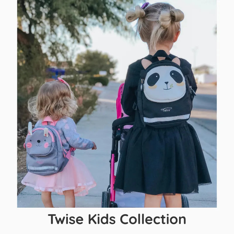 Two children with backpacks and a stroller, featuring the 'Twise Kids Collection' brand.