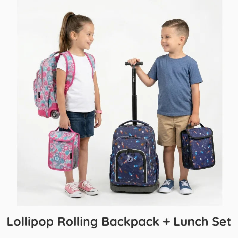 Two children with school backpacks and lunch sets on a white background