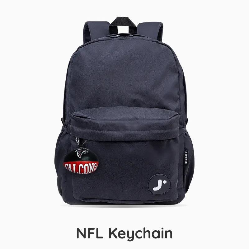 A black backpack with a front zippered pocket, featuring a round Jacksonville Jaguars NFL keychain hanging from the pocket zipper and a circular Jacksonville Jaguars logo patch on the front. The text 'NFL Keychain' is printed below the backpack on a white background.
