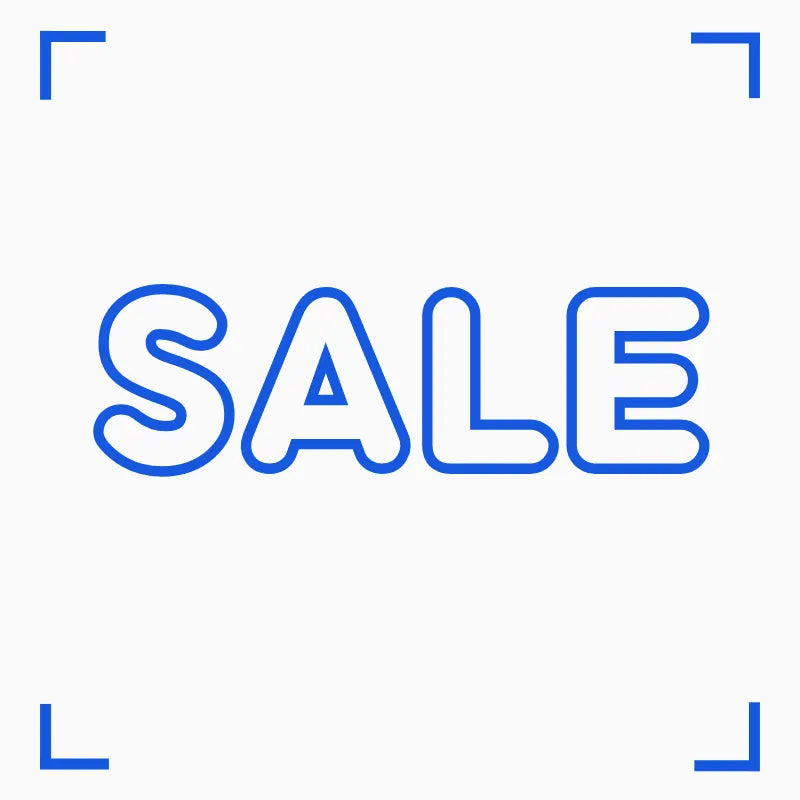 Blue outline text reading 'SALE' centered on a white background, with blue corner bracket marks in each corner.