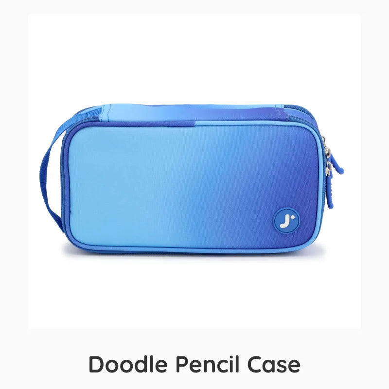 Blue pencil case with a brand logo on a white background